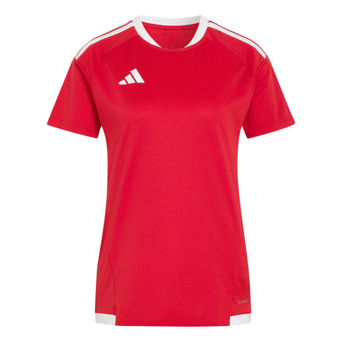 Red sports jersey with white accents and Adidas logo on a white background