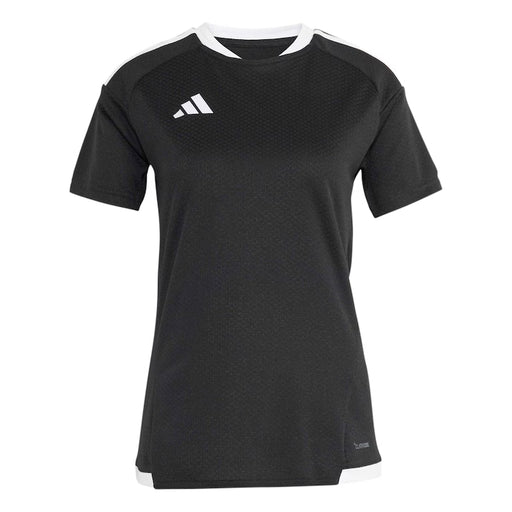 Black sports shirt with white collar and Adidas logo on a white background