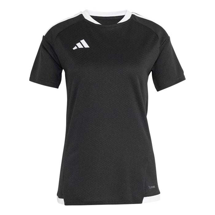 Black sports shirt with white collar and Adidas logo on a white background