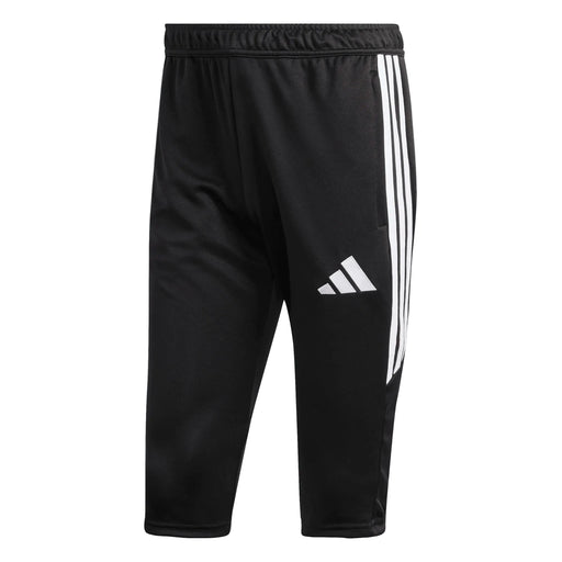 Black Adidas pants with three white stripes on a white background