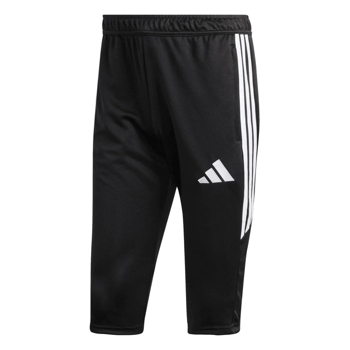 Black Adidas pants with three white stripes on a white background