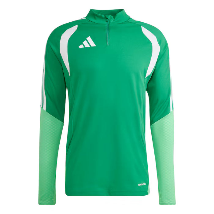 Green athletic long-sleeve shirt with white accents on a white background