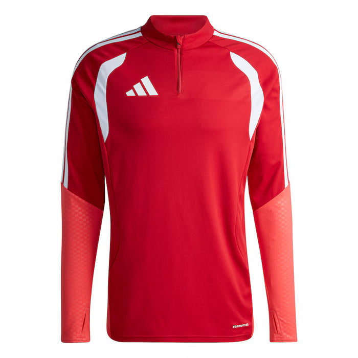Red sports jacket with white stripes and Adidas logo on a white background