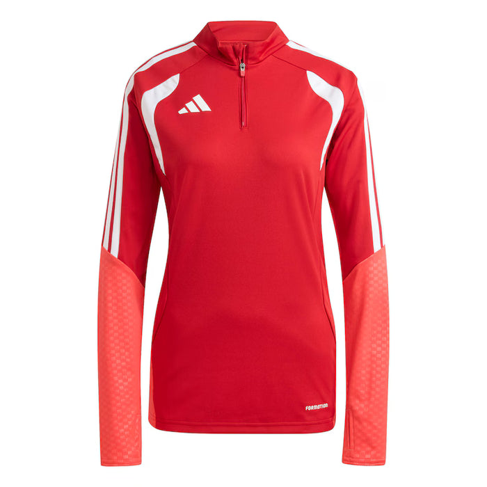 Red athletic long-sleeve shirt with white accents on a white background