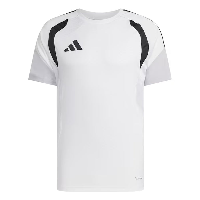 White t-shirt with black accents and Adidas logo on a white background