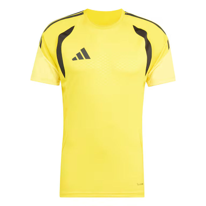 Yellow sports shirt with black accents and Adidas logo on a white background