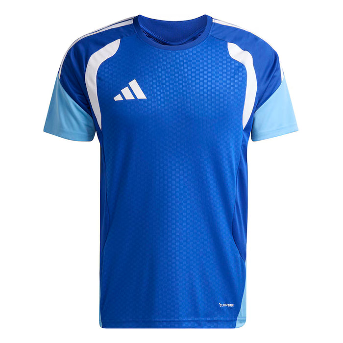 Blue sports jersey with white accents and Adidas logo on a white background