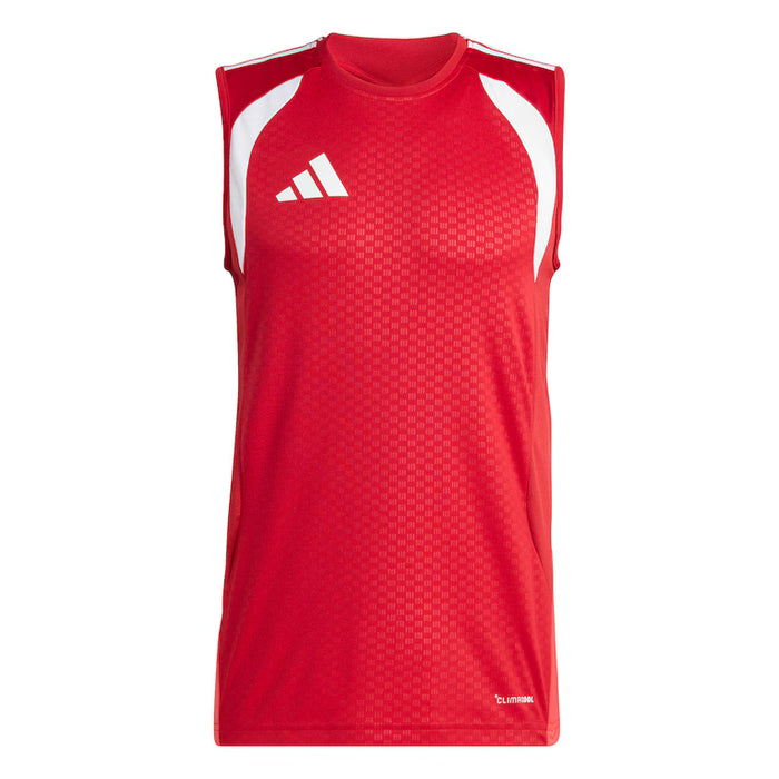 Red sleeveless athletic shirt with white accents on a white background