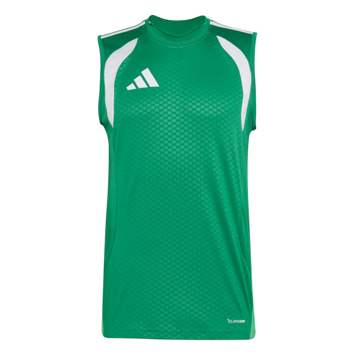 Green sleeveless athletic shirt with white accents on a white background