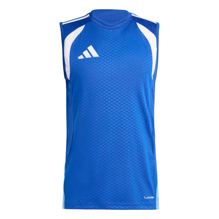 Blue sleeveless athletic shirt with white accents on a white background