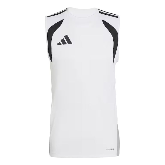 White sleeveless athletic shirt with black accents and Adidas logo on a white background