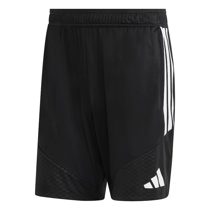 Black athletic shorts with white stripes on a white background