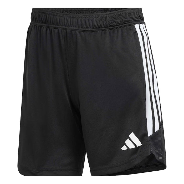 Black athletic shorts with white stripes and logo on a white background