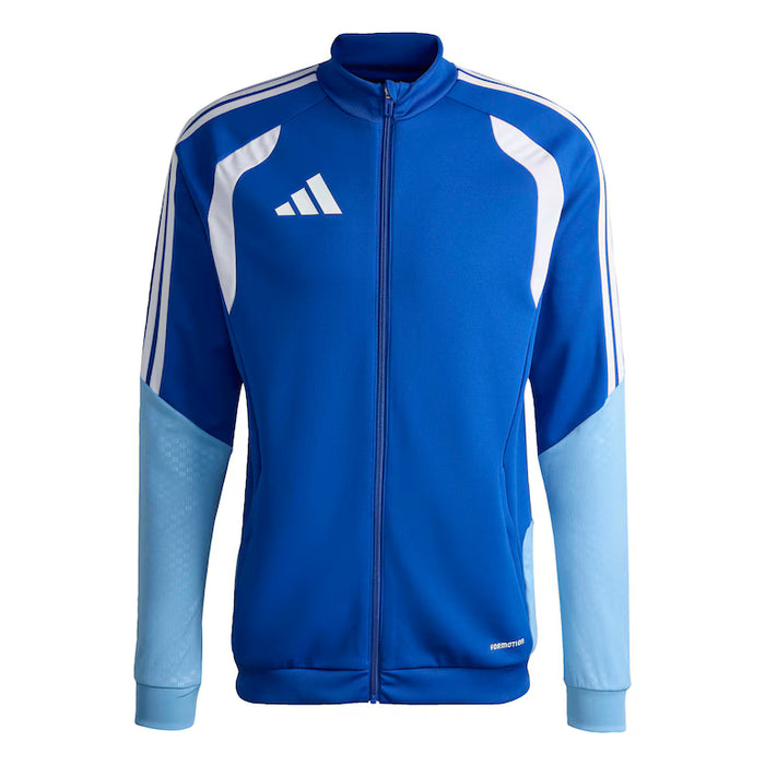 Blue and light blue jacket with white stripes and Adidas logo on a white background