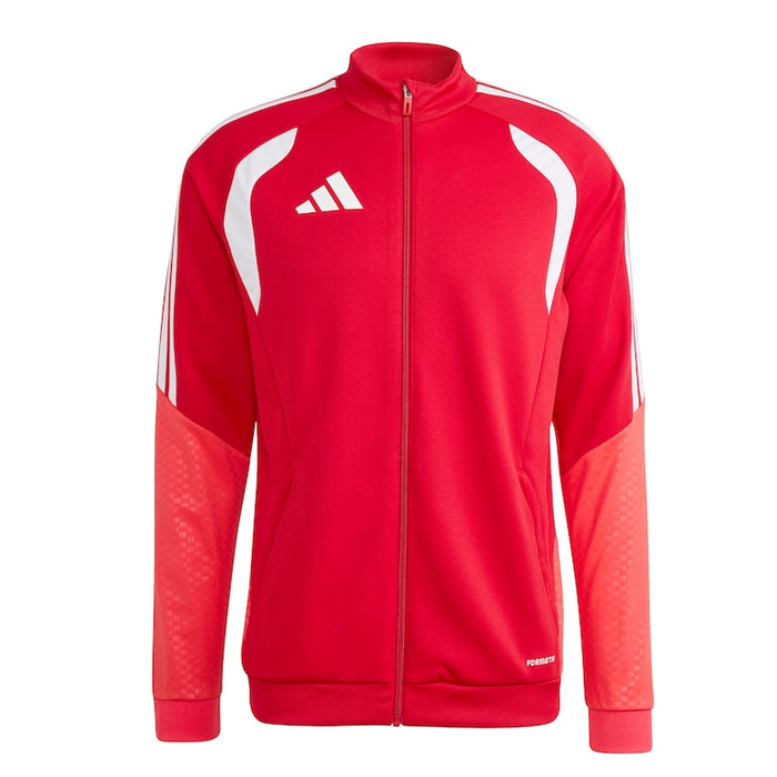 Red tracksuit jacket with white accents and Adidas logo on a white background