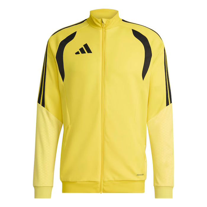 Yellow tracksuit jacket with black stripes and Adidas logo on a white background