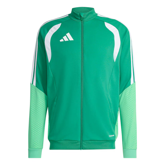 Green sports jacket with white accents and Adidas logo on a white background