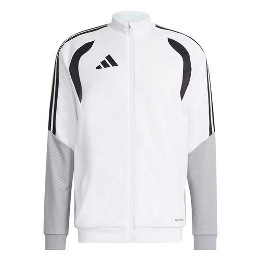 White tracksuit jacket with black stripes and Adidas logo on a white background
