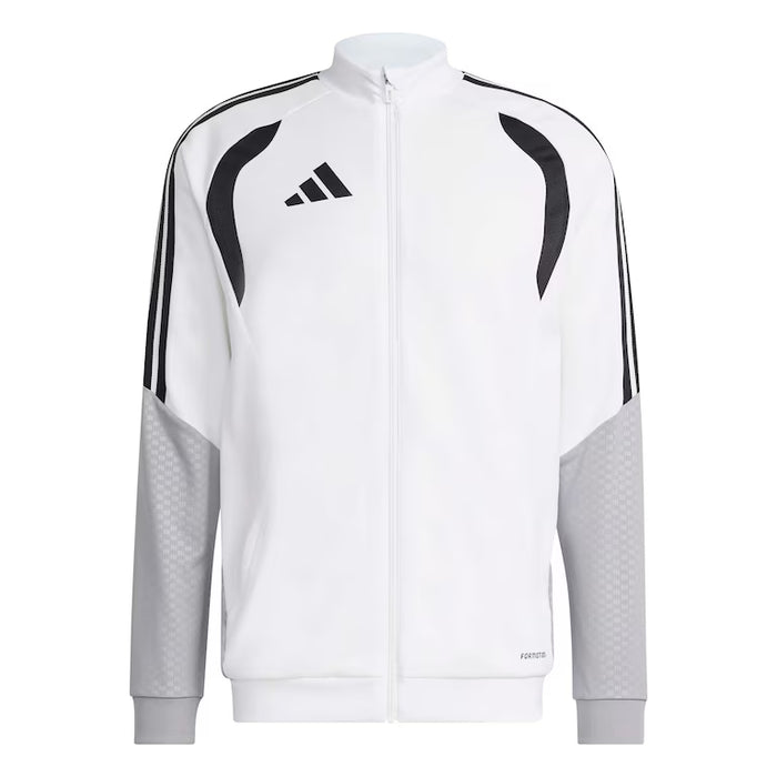 White tracksuit jacket with black stripes and Adidas logo on a white background