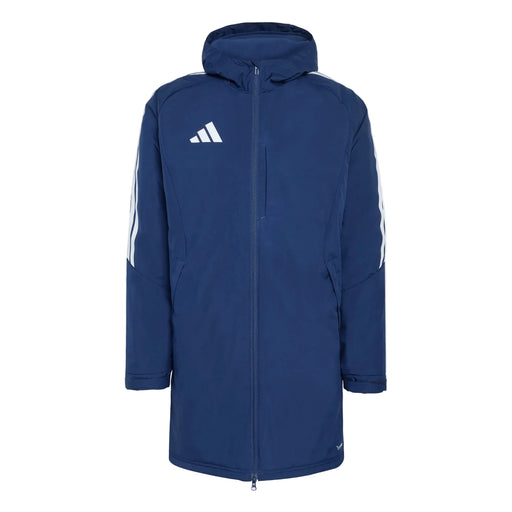 Blue jacket with Adidas logo on a light gray background