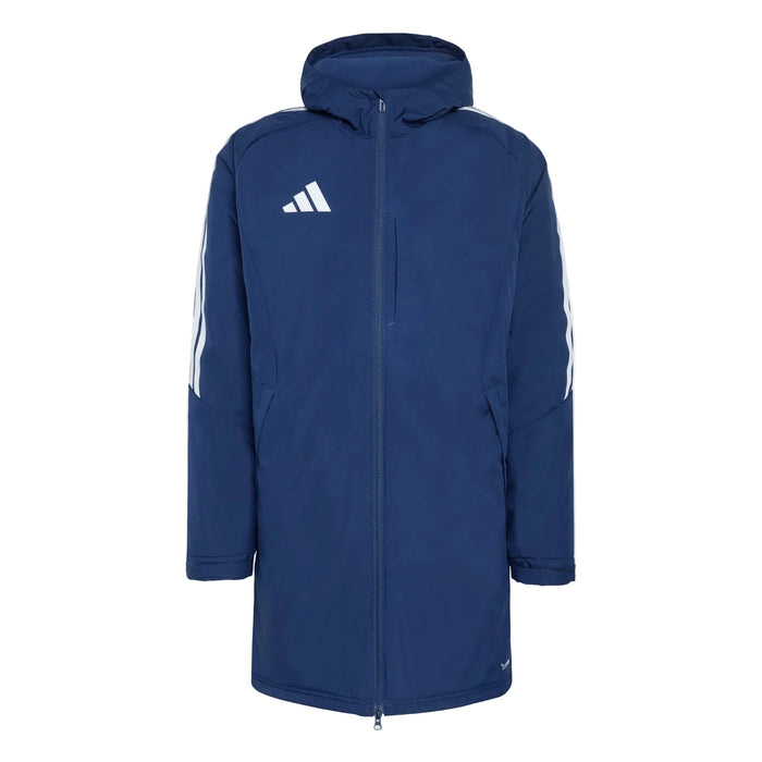 Blue jacket with Adidas logo on a light gray background