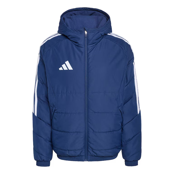 Blue puffer jacket with white stripes and Adidas logo on a white background