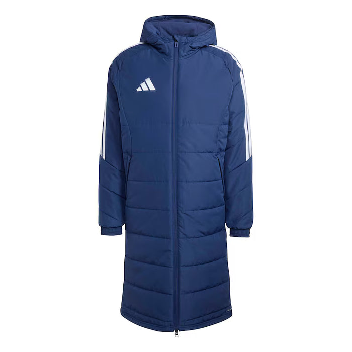 Blue puffer coat with white stripes and Adidas logo on a white background