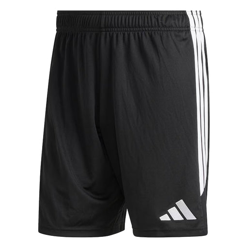 Black athletic shorts with white stripes and logo on a white background