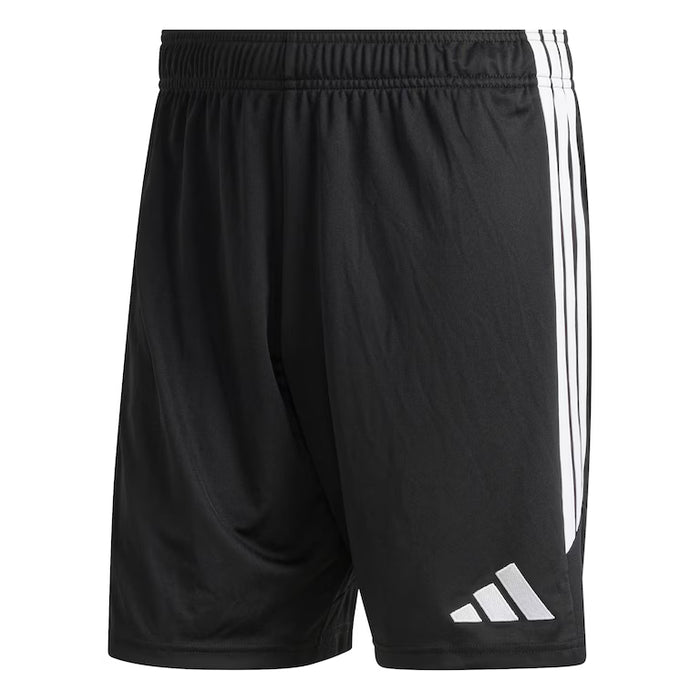 Black athletic shorts with white stripes and logo on a white background