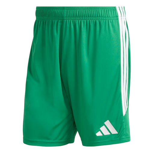 Green shorts with white stripes and logo on a white background