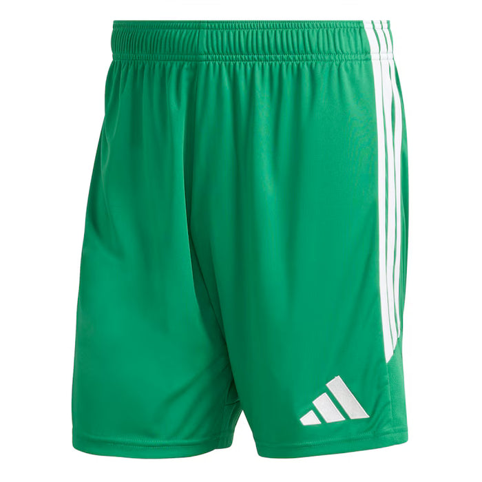 Green shorts with white stripes and logo on a white background