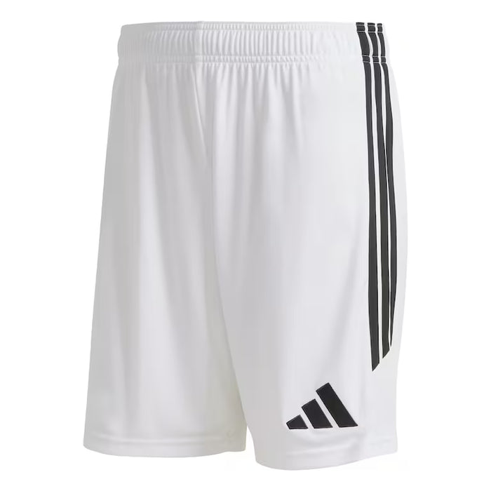 White shorts with black stripes and logo on a white background
