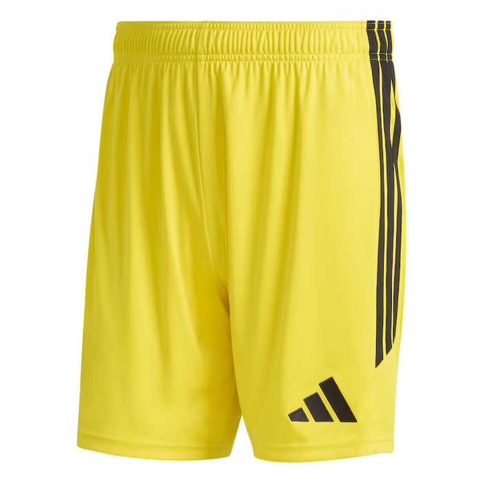 Yellow shorts with black stripes and logo on a white background