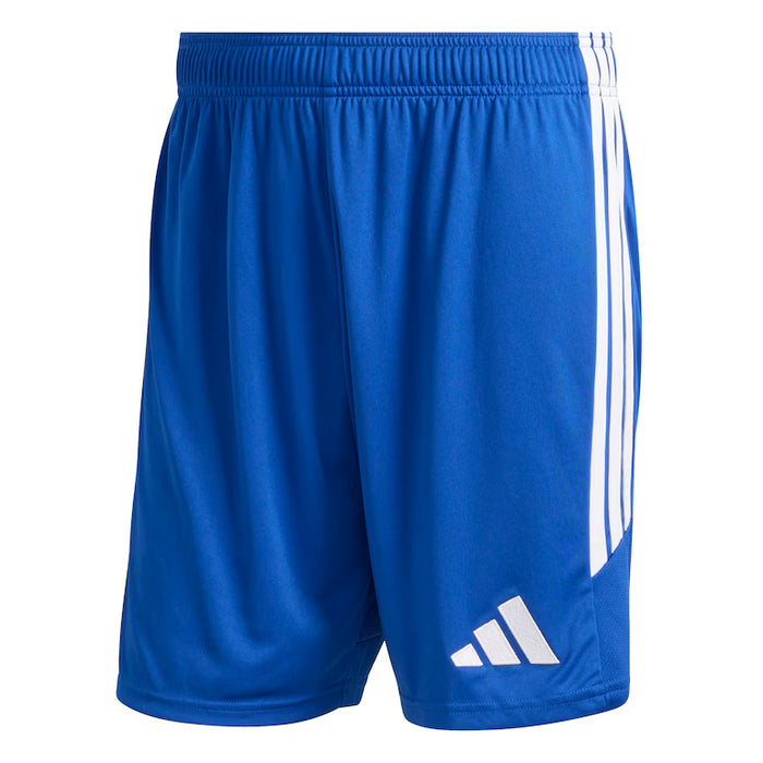 Blue shorts with white stripes and logo on a white background