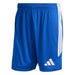 Blue shorts with white stripes and logo on a white background