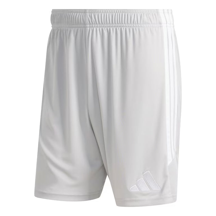 White athletic shorts with a logo on a white background