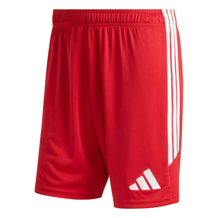 Red shorts with white stripes and logo on a white background