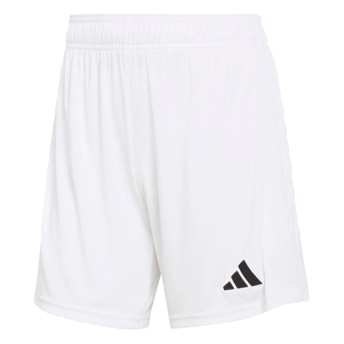 White shorts with a black Adidas logo on a white background