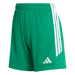 Green shorts with white stripes and logo on a light gray background