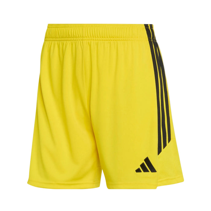 Yellow shorts with black stripes and Adidas logo on a light gray background