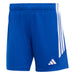 Blue shorts with white stripes and Adidas logo on a light gray background