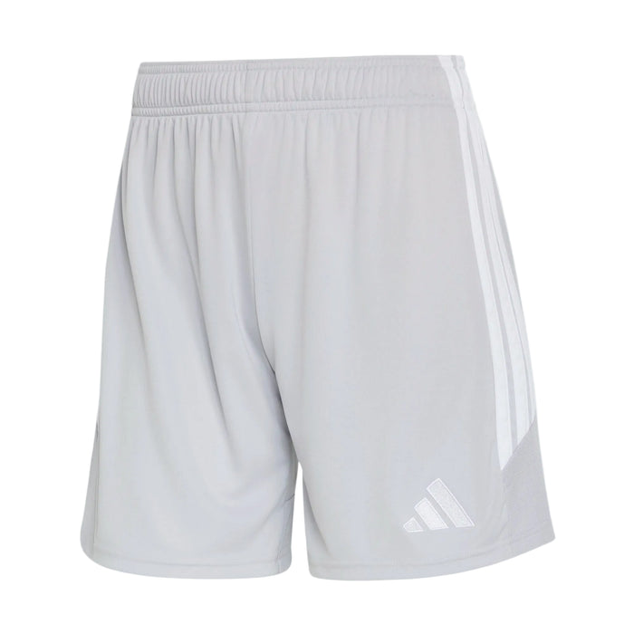 Light gray athletic shorts with white stripes on a light gray background
