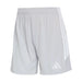 Light gray athletic shorts with white stripes on a light gray background