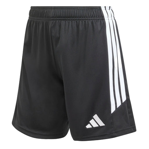 Black shorts with white stripes on a light gray background
