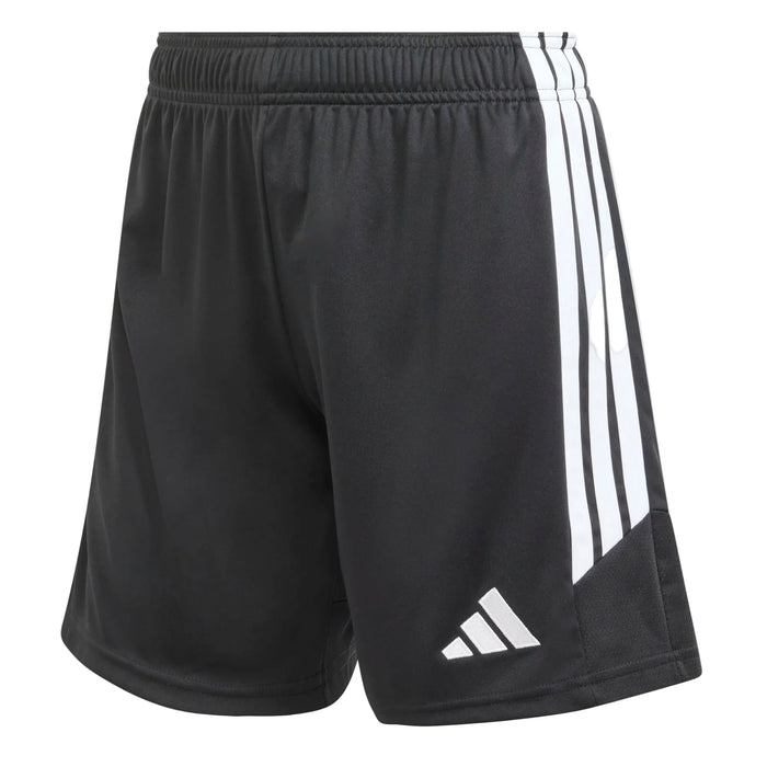 Black shorts with white stripes on a light gray background