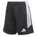 Black shorts with white stripes on a light gray background