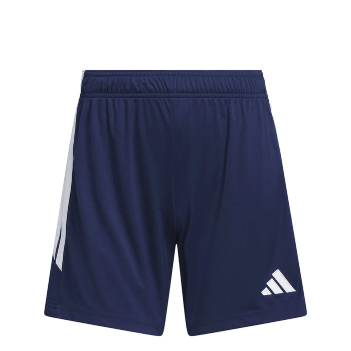 Navy blue shorts with white stripes and logo on a light gray background