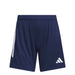 Navy blue shorts with white stripes and logo on a light gray background