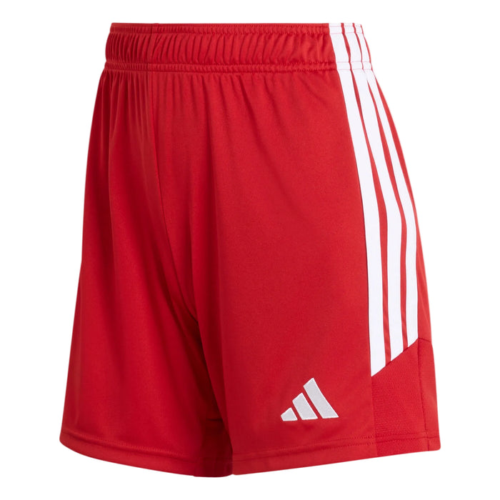 Red athletic shorts with white stripes and logo on a light gray background