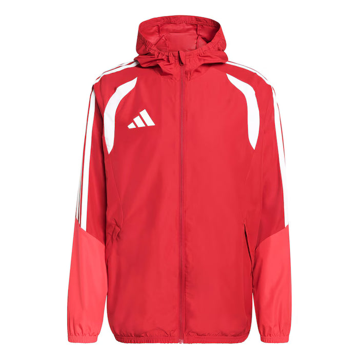 Red jacket with white stripes and Adidas logo on a white background